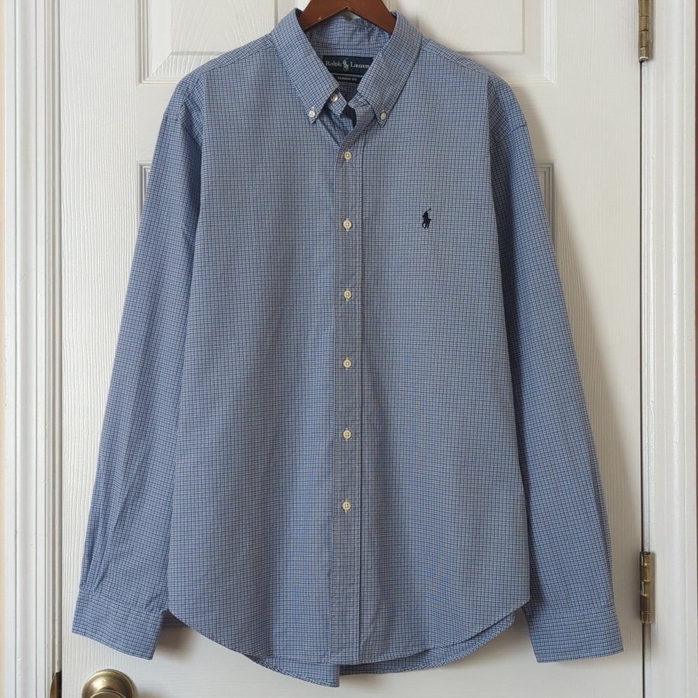 Ralph Lauren 90's Vintage Preppy Plaid Long Sleeve Button Down Shirt Blue XL